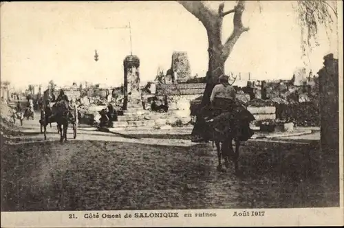 Ak Thessaloniki Griechenland, Straße in Ruinen 1917, Kriegszerstörung I. WK