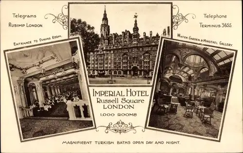 Ak London England, Imperial Hotel, Russell Square, Hotel von aussen und innen