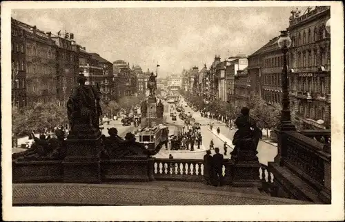 Ak Praha Prag Tschechien, Blick auf die Hauptstraße, Denkmal, Straßenbahn