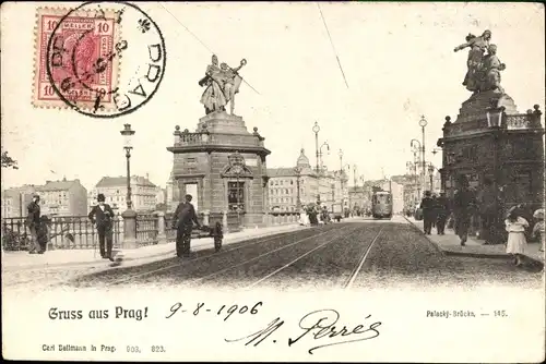 Ak Praha Prag Tschechien, Palacky Brücke, Straßenbahn