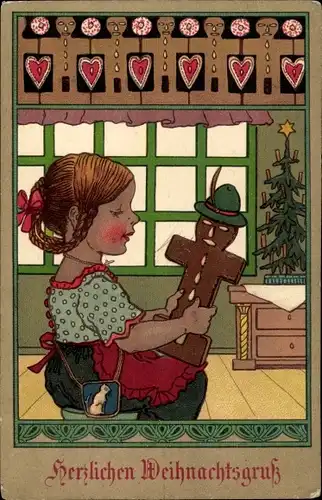 Präge Litho Glückwunsch Weihnachten, Mädchen, Lebkuchenmann, Tannenbaum