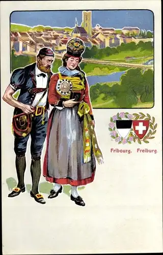 Wappen Ak Kanton Freiburg, Mann und Frau in Volkstracht