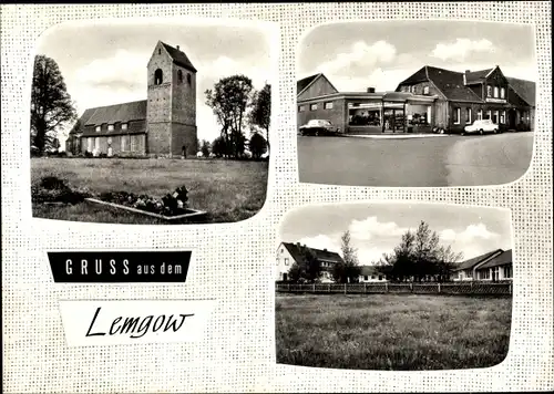 Ak Lemgow im Wendland, Kirche, Gemischtwarenladen, Wiese