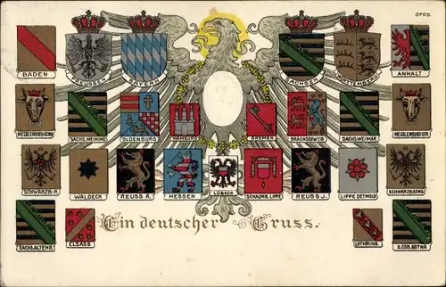 Präge Wappen Litho Ein deutscher Gruß, Kaiser Wilhelm II., Anhalt, Sachsen, Hamburg, Bayern