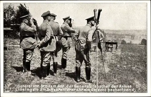 Ak General von Stoltzmann, Generalstabschef Armee Linsingen, Scherenfernrohr, Gefecht beobachtend