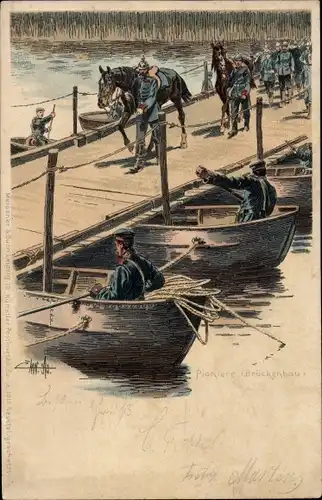 Künstler Litho Pioniere beim Brückenbau, Pontonbrücke, Kaiserliche Armee