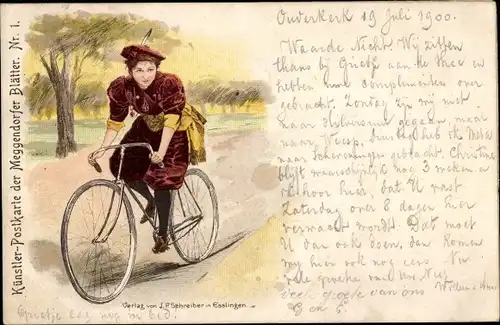 Litho Frau auf einem Fahrrad, Meggendorfer Blätter Nr. 1