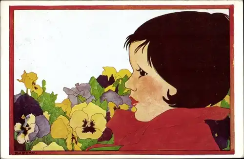 Künstler Ak Cramer, Rie, Kind, Stiefmütterchen, Zwartkopje
