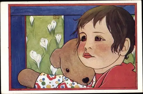 Künstler Ak Cramer, Rie, Jan in de Box, Kind mit Teddybär
