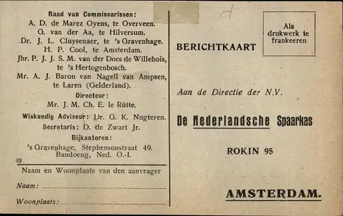 Ak Amsterdam Nordholland Niederlande, De Nederlandsche Spaarkas, Rokin 95