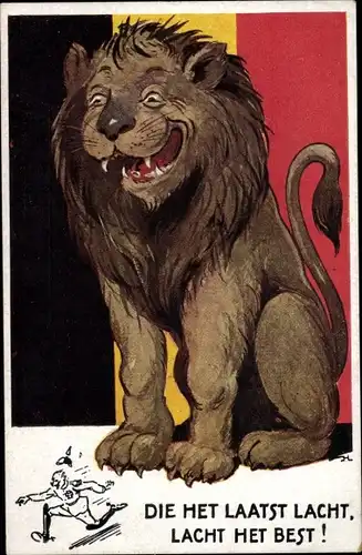 Künstler Ak Die het laatst lacht, lacht het best, lachender Löwe, fliehender Kaiser Wilhelm II