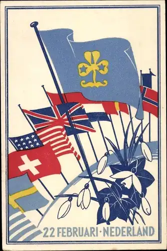 Ak 22. Februar Niederlande, Schneeglöckchen, Fahnen, Pfadfinder