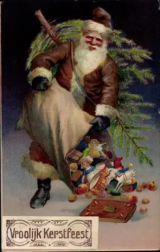 Ak Glückwunsch Weihnachten, Weihnachtsmann mit Geschenken, Tannenbaum, Lebkuchen