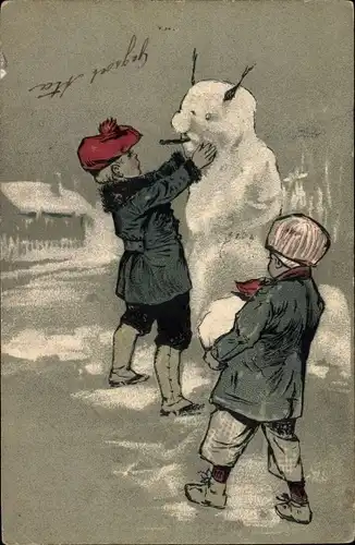 Präge Litho Jungen bauen einen Schneemann