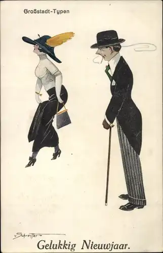 Künstler Ak Glückwunsch Neujahr, Großstadt-Typen, elegante Dame, rauchender Mann