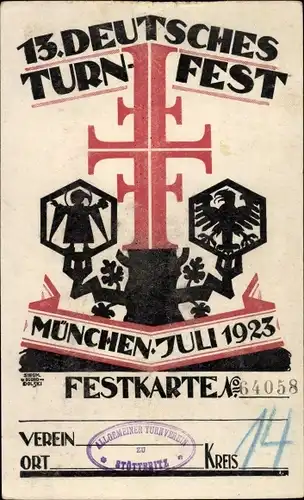 Künstler Ak von Suchodolski, Siegmund, München, 13. Deutsches Turnfest 1923, Festkarte