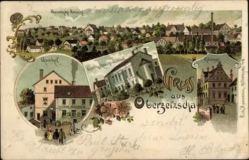 Litho Oberzetzscha Zetzscha Altenburg in Thüringen, Rittergut, Gasthof, Totalansicht