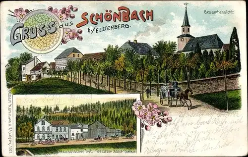 Litho Schönbach Greiz in Thüringen, Gasthaus Reussischer Hof, Totalansicht