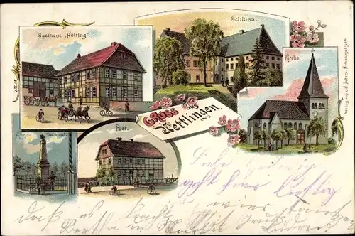 Litho Nettlingen Söhlde, Gasthaus Hölting, Schloss, Kirche, Kriegerdenkmal, Post