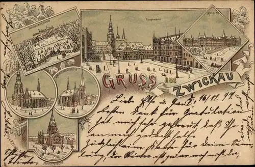 Winter Litho Zwickau in Sachsen, Hauptmarkt, Kaserne, Moritzkirche, Schwanenschloss