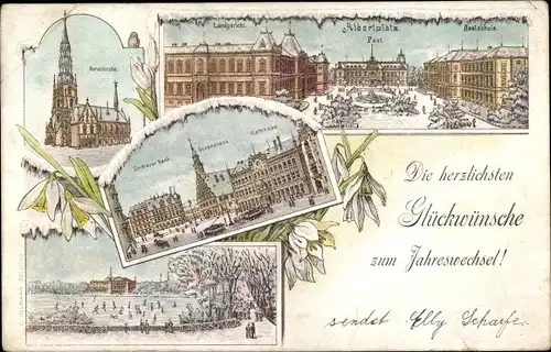 Winter Litho Zwickau in Sachsen, Glückwunsch Neujahr, Albertplatz, Park, Rathaus, Realschule