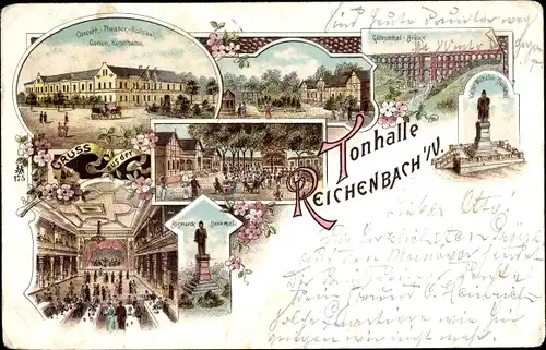 Litho Reichenbach Vogtland, Konzerttheater, Bismarck Denkmal, Göltzschtalbrücke, Tonhalle