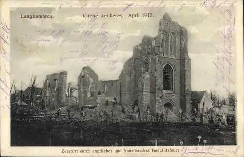 Ak Langemarck Langemark Poelkapelle Westflandern, zerstörte Kirche, April 1915