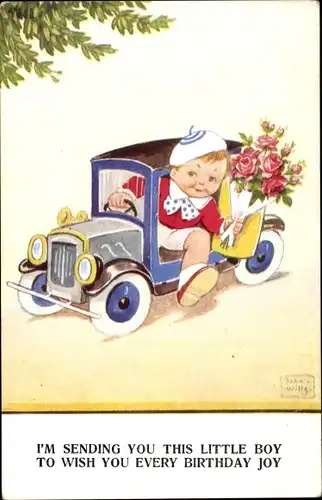 Künstler Ak Wills, John, Glückwunsch zum Geburtstag, Junge mit Blumenstrauß, Auto