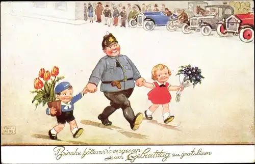 Künstler Ak Wills, J., Glückwunsch zum Geburtstag, Polizist, Kinder mit Blumen