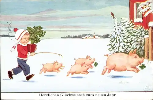 Künstler Ak Wills, John, Fröhliches Neujahr, Junge, Schweine, Kleeblätter