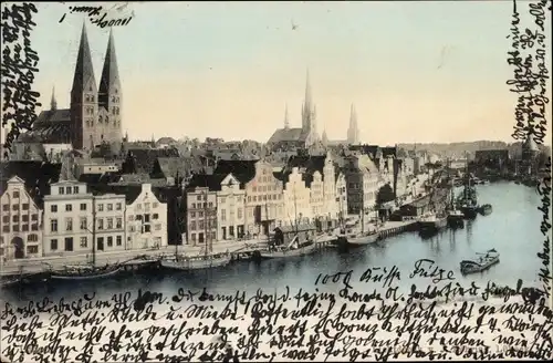 Ak Lübeck, Giebelhäuser an der Trave, Schiffe, Kirchen