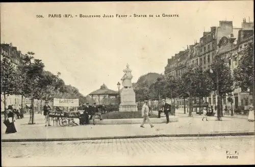Ak Paris XI, Boulevard Jules Ferry, Statue der Grisette