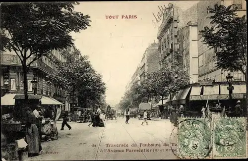 Ak Paris XI, Rue du Faubourg du Temple, Avenue Parmentier