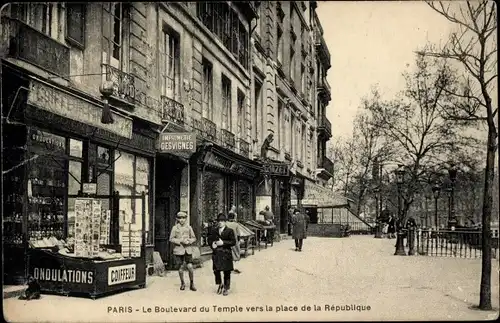 Ak Paris XI, Boulevard du Temple Richtung Place de la République, Friseur, Imprimerie Desvignes