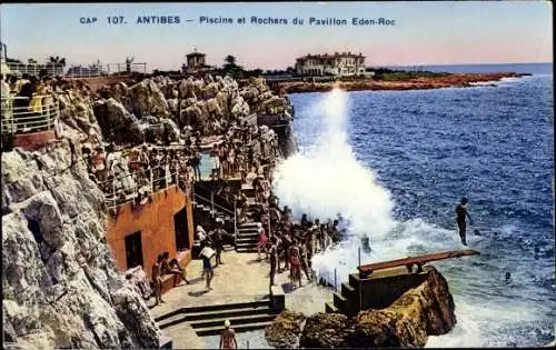 Ak Antibes Alpes Maritimes, Piscine et Rochers du Pavillon Eden Roc, Brandung