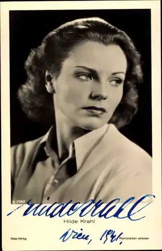 Ak Schauspielerin Hilde Krahl, Portrait, Ross Verlag A 2706/2, Autogramm