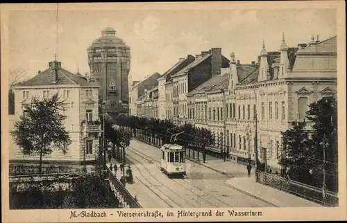 Ak Mönchengladbach am Niederrhein, Viersenerstraße, im Hintergrund der Wasserturm, Straßenbahn