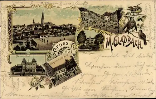 Litho Mönchengladbach am Niederrhein, Marktplatz, Bürgermeisteramt, Kaiserbad