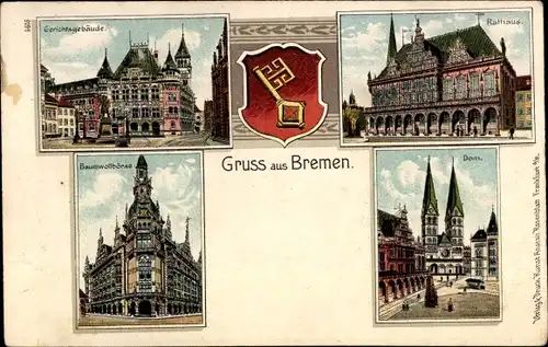 Wappen Litho Hansestadt Bremen, Dom, Rathaus, Gerichtsgebäude, Baumwollbörse