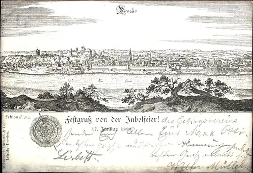 Litho Pirna an der Elbe, Totalansicht, Jubelfeier, Siegel