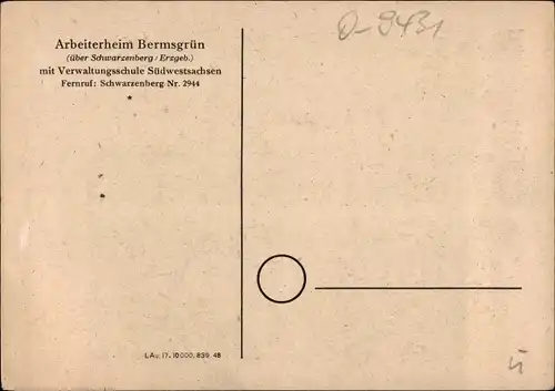 Ak Bermsgrün Schwarzenberg im Erzgebirge, Arbeiterheim, Innenansicht