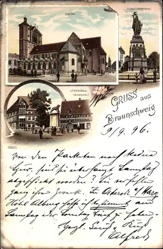Litho Braunschweig in Niedersachsen, Dom, Siegesdenkmal, Löwensäule, Burgplatz