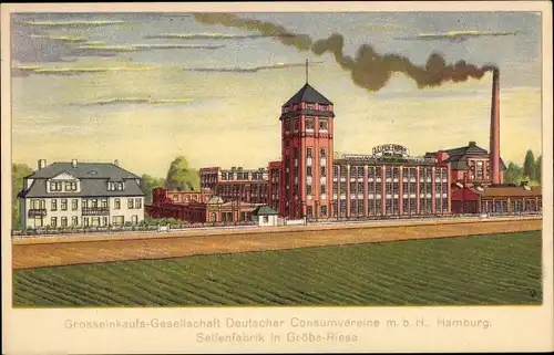 Litho Gröba Riesa an der Elbe Sachsen, Großeinkaufsgesellschaft Deutsch. Konsumvereine, Seifenfabrik