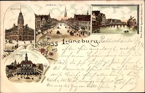 Litho Lüneburg in Niedersachsen, am Sande, Kaiserl. Postamt, Rathaus