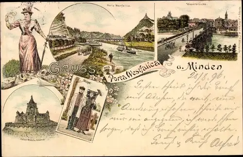 Litho Porta Westfalica in Nordrhein Westfalen, Minden, Kaiser Wilhelm Denkmal, Weserbrücke