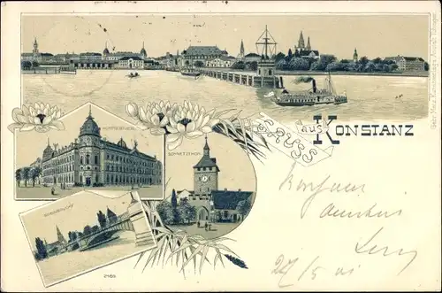 Litho Konstanz am Bodensee, Panorama, Seebrücke, Port, Schnetztor