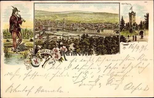 Litho Hameln an der Weser, Rattenfänger, Stadtpanorama, Klütturm