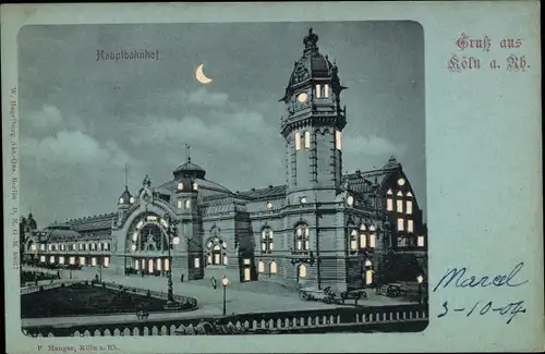 Mondschein Litho Köln am Rhein, Hauptbahnhof bei Nacht