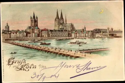Halt gegen das Licht Litho Köln am Rhein, Rheinansicht, Brücke, Dom