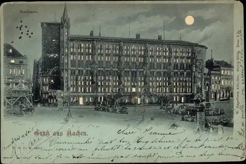 Mondschein Litho Aachen, Rathaus bei Mondenschein